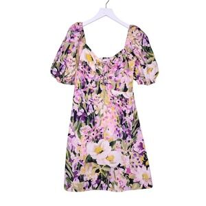 H&M Mini Floral Dress Puff Sleeves Smocked Boho Cottage Bloomcore Lace Up A-Line